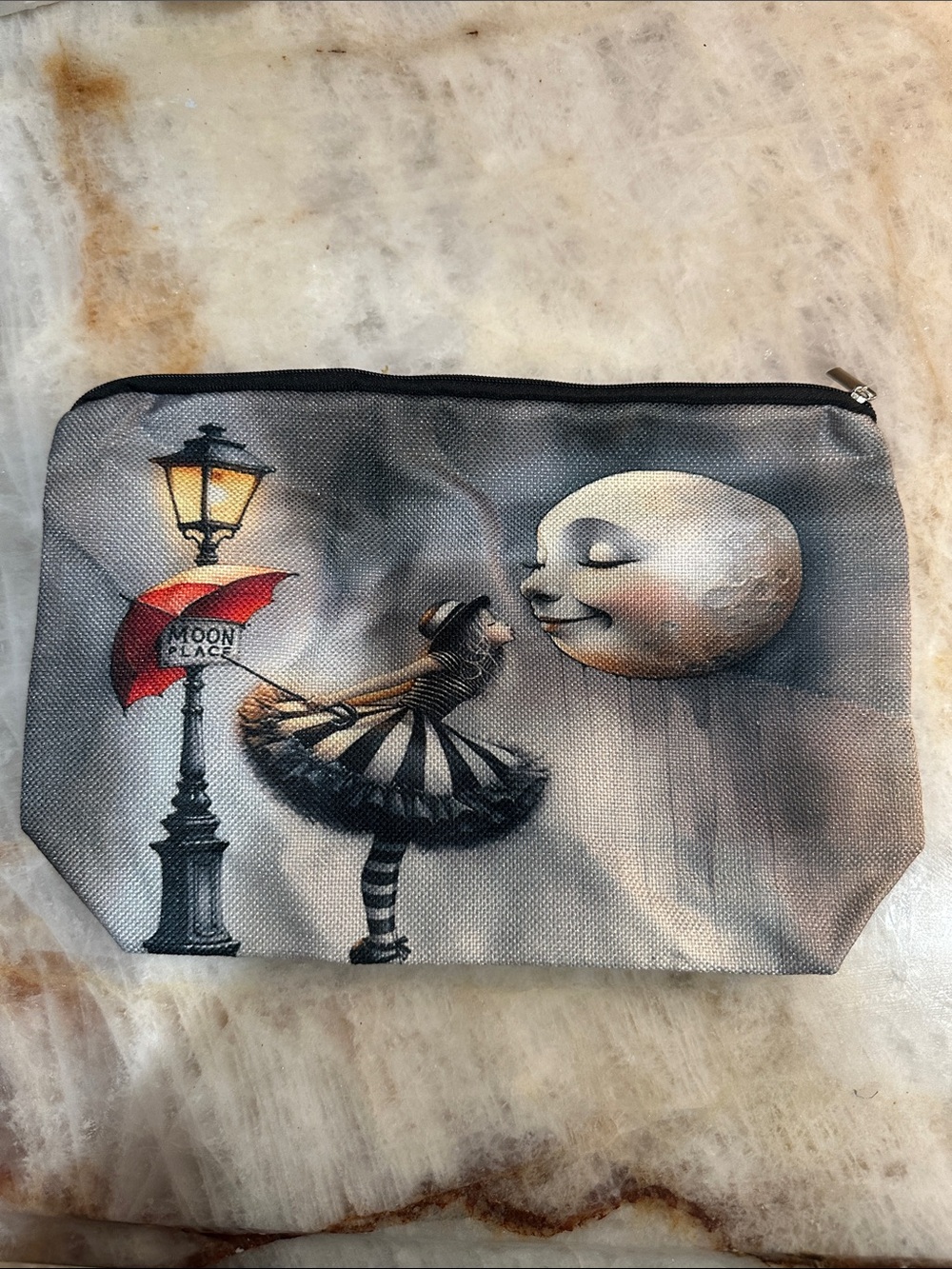 Whimsical Moon & Ballerina Printed Cosmetic Pouch — Gray with Red Accent